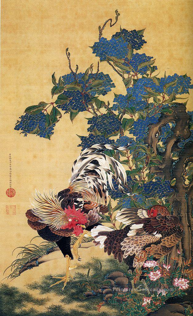 coq et poule avec des hortensias ITO Jakuchu japonais Peintures à l'huile